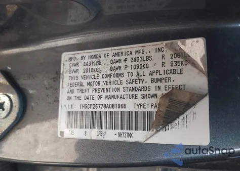2008 Honda Accord 2.4 Ex from USA, damaged, VIN 1HGCP26778A081966